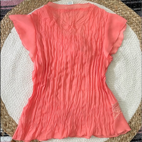 y2k Top Crinkle Chiffon Wrinkle Blouse Flutter Cap Sleeve Ruffles Lace - Picture 14 of 16